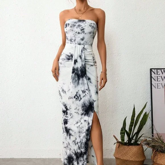 White Preppy Womens Tie Dye Split Thigh Tube Dress - Picture 3 of 5